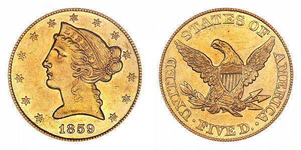 1859 Liberty Head $5 Gold Half Eagle - Five Dollars 