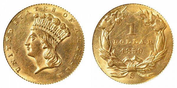 1859 S Large Indian Princess Head Gold Dollar G$1 