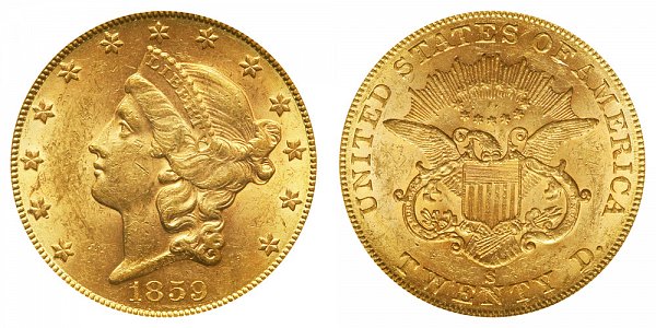 1859 S Liberty Head $20 Gold Double Eagle - Twenty Dollars 