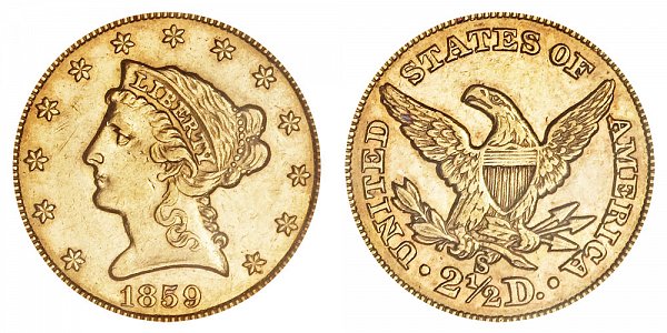 1859 S Liberty Head $2.50 Gold Quarter Eagle - 2 1/2 Dollars 