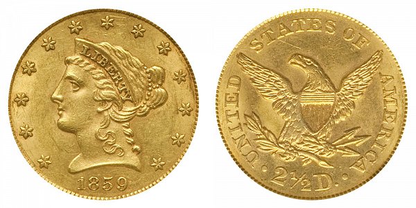 1859 Liberty Head $2.50 Gold Quarter Eagle - Old Reverse - Type 1 