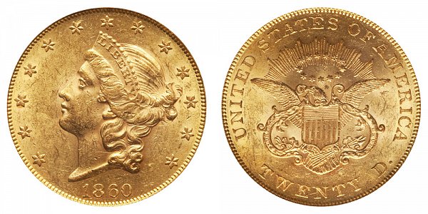 1860 Liberty Head $20 Gold Double Eagle - Twenty Dollars 