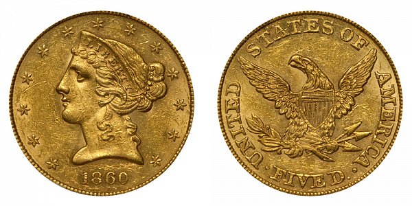 1860 Liberty Head $5 Gold Half Eagle - Five Dollars 