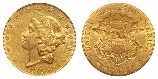 1860 O Liberty Head $20 Gold Double Eagle - Twenty Dollars 