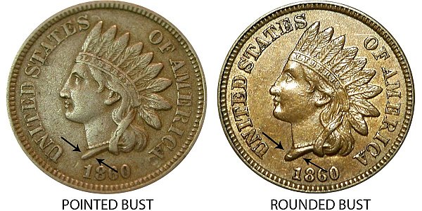 1860 Pointed Bust vs Rounded Bust Indian Head Cent Penny 