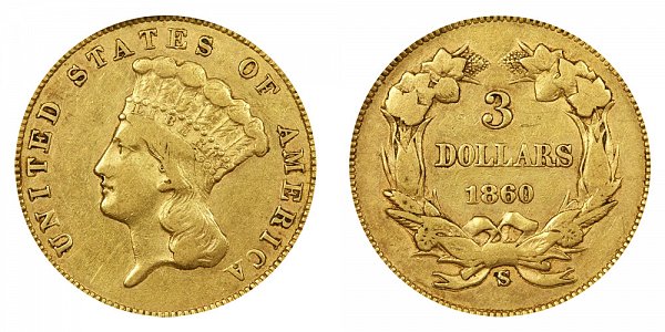 1860 S Indian Princess Head $3 Gold Dollars - Three Dollars 