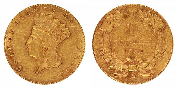 1860 S Large Indian Princess Head Gold Dollar G$1 