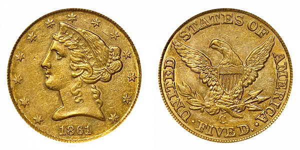 1861 C Liberty Head $5 Gold Half Eagle - Five Dollars 