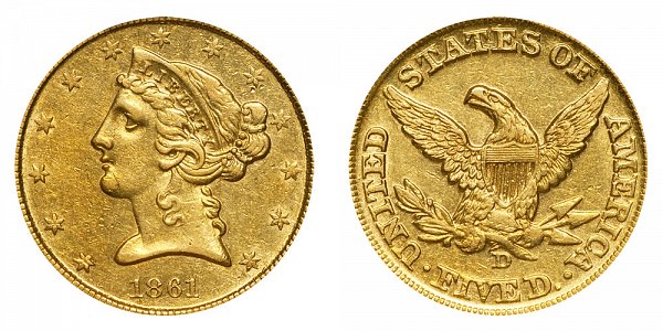 1861 D Liberty Head $5 Gold Half Eagle - Five Dollars 