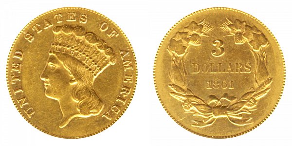 1861 Indian Princess Head $3 Gold Dollars - Three Dollars 