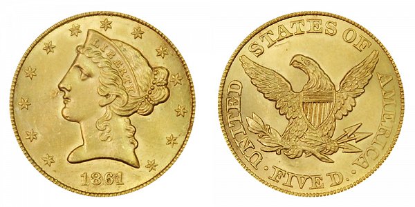 1861 Liberty Head $5 Gold Half Eagle - Five Dollars 