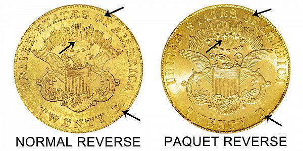 1861 Normal Reverse vs Paquet Reverse - $20 Liberty Head Gold Double Eagle - Difference and Comparison