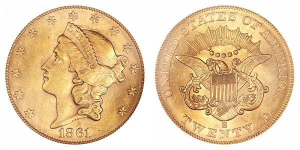 1861 S Normal Reverse Liberty Head $20 Gold Double Eagle - Twenty Dollars 