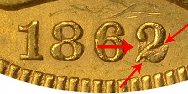 1862/1 2 Over 1 Liberty Head $2.50 Gold Quarter Eagle - Closeup Example Image