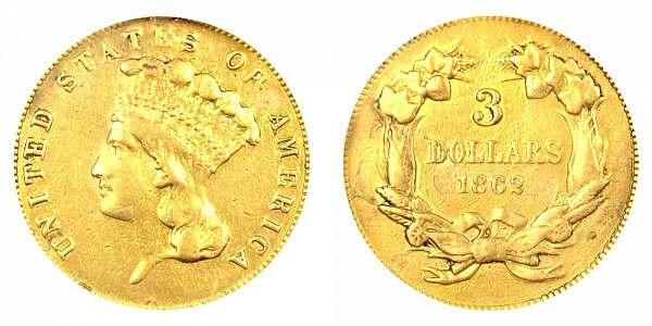 1862 Indian Princess Head $3 Gold Dollars - Three Dollars 