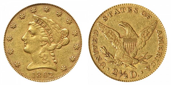 1862 Liberty Head $2.50 Gold Quarter Eagle - 2 1/2 Dollars 