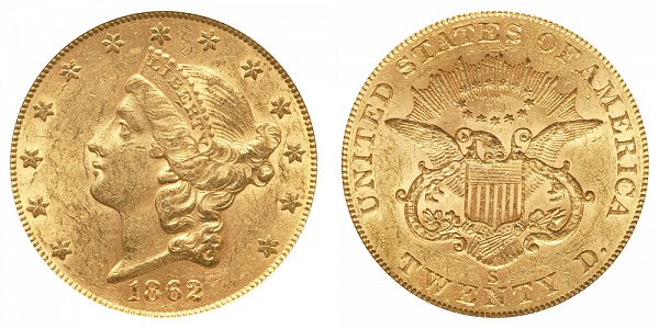 1862 S Liberty Head $20 Gold Double Eagle - Twenty Dollars 