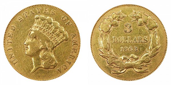 1863 Indian Princess Head $3 Gold Dollars - Three Dollars 