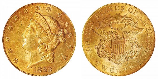 1863 Liberty Head $20 Gold Double Eagle - Twenty Dollars 