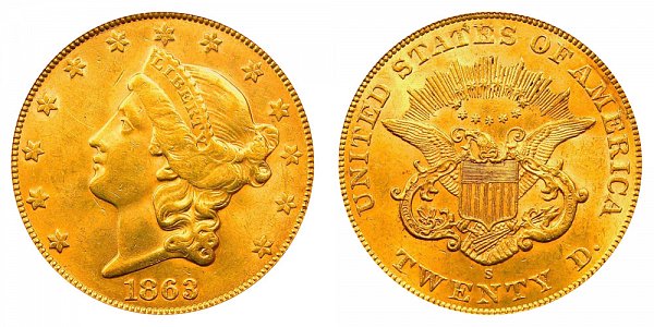 1863 S Liberty Head $20 Gold Double Eagle - Twenty Dollars 