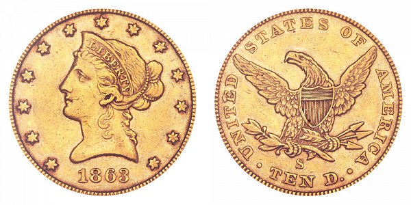 1863 S Liberty Head $10 Gold Eagle - Ten Dollars 