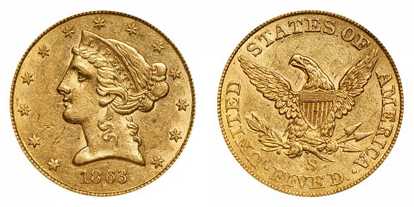 1863 S Liberty Head $5 Gold Half Eagle - Five Dollars 