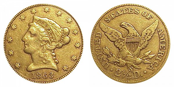 1863 S Liberty Head $2.50 Gold Quarter Eagle - 2 1/2 Dollars 