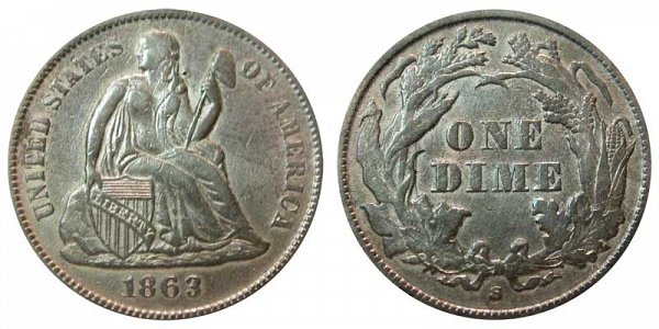 1863 S Seated Liberty Dime 