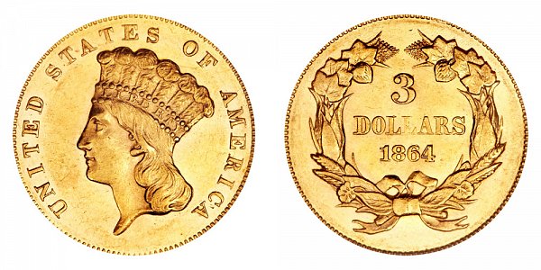 1864 Indian Princess Head $3 Gold Dollars - Three Dollars 