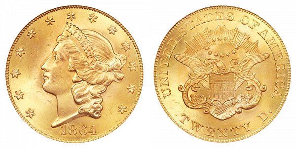 1864 Liberty Head $20 Gold Double Eagle - Twenty Dollars 