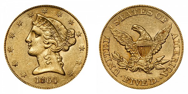 1864 Liberty Head $5 Gold Half Eagle - Five Dollars 