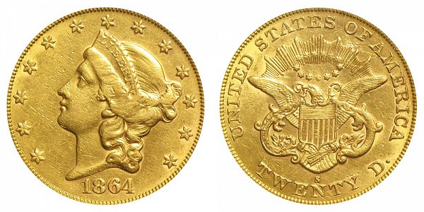 1864 S Liberty Head $20 Gold Double Eagle - Twenty Dollars 