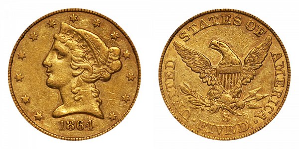 1864 S Liberty Head $5 Gold Half Eagle - Five Dollars 