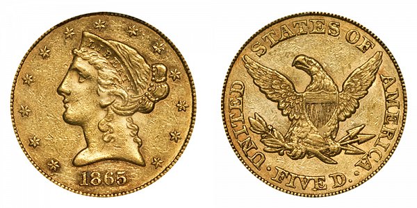 1865 Liberty Head $5 Gold Half Eagle - Five Dollars 