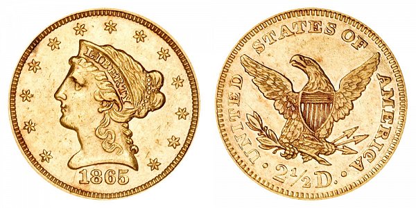 1865 Liberty Head $2.50 Gold Quarter Eagle - 2 1/2 Dollars 