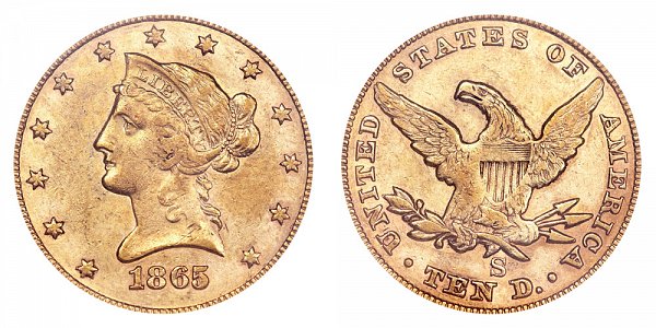 1865 S Inverted 186 - Liberty Head $10 Gold Eagle - Ten Dollars 