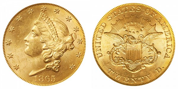 1865 S Liberty Head $20 Gold Double Eagle - Twenty Dollars 