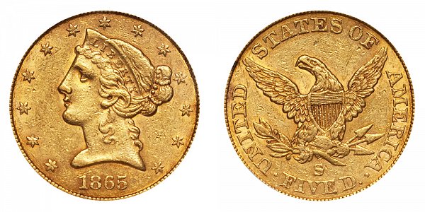 1865 S Liberty Head $5 Gold Half Eagle - Five Dollars