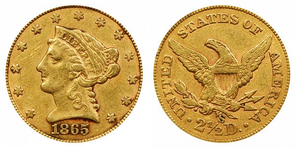 1865 S Liberty Head $2.50 Gold Quarter Eagle - 2 1/2 Dollars 