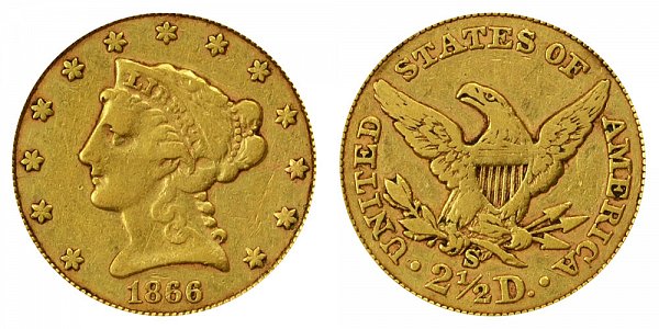 1866 S Liberty Head $2.50 Gold Quarter Eagle - 2 1/2 Dollars 