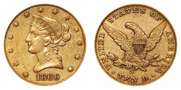 1866 S No Motto - Liberty Head $10 Gold Eagle - Ten Dollars 