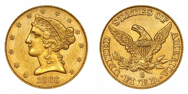 1866 S Liberty Head $5 Gold Half Eagle - No Motto - Five Dollars 