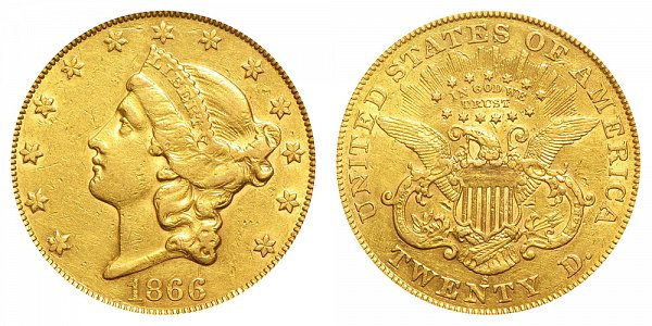 1866 S With Motto Liberty Head $20 Gold Double Eagle - Twenty Dollars 