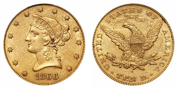 1866 S With Motto - Liberty Head $10 Gold Eagle - Ten Dollars 