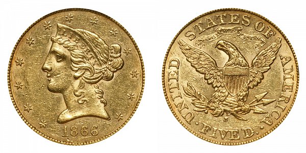 1866 S Liberty Head $5 Gold Half Eagle - With Motto - Five Dollars