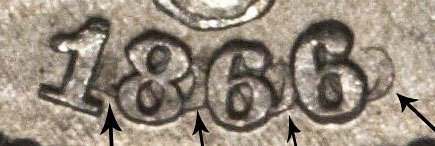 1866 Shield Nickel Repunched Date 