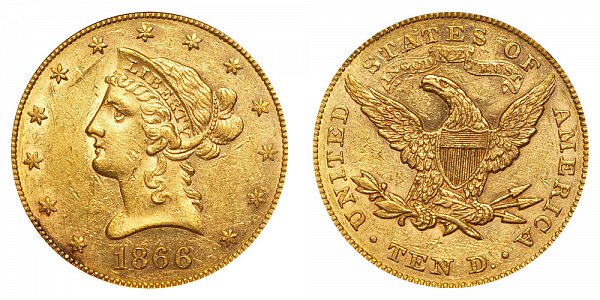 1866 With Motto - Liberty Head $10 Gold Eagle - Ten Dollars 