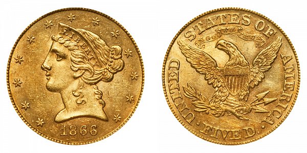 1866 Liberty Head $5 Gold Half Eagle - With Motto - Five Dollars 