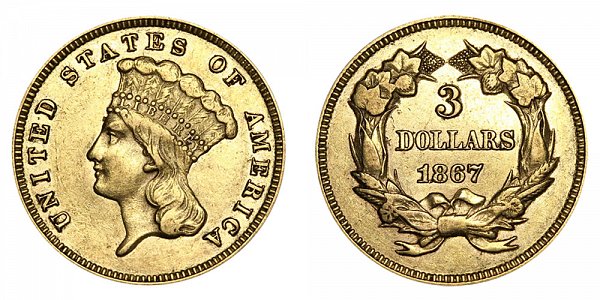 1867 Indian Princess Head $3 Gold Dollars - Three Dollars 