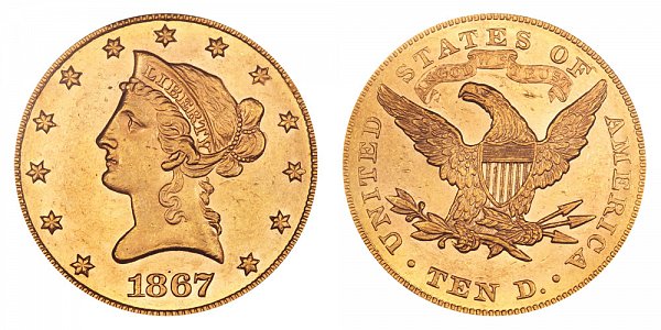 1867 Liberty Head $10 Gold Eagle - Ten Dollars 